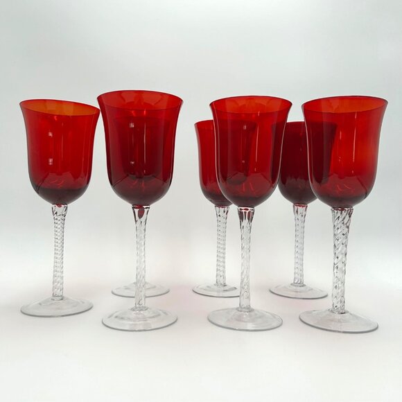 Long Stem, Hand Blown, Red with Clear Twisted Stem Wine Glasses, Set of 7, Tulip - Picture 8 of 9